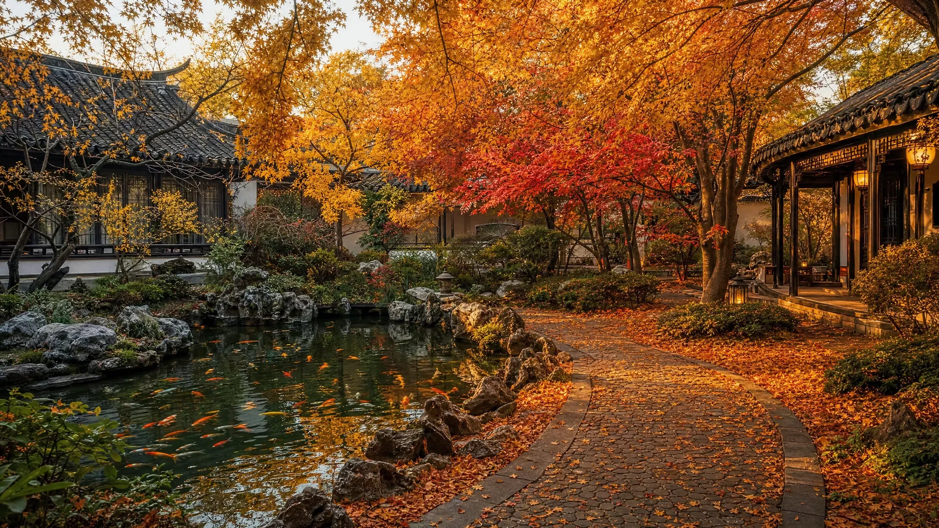 庭院景观秋景:枫红叶黄、暖意盈庭的中式庭院